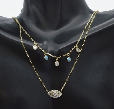 925 Sterling Silber 14k vergoldet Doppelkette Türkis Evil Eye 18 Zoll