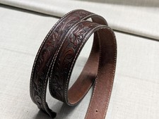 vintage TOOLED buckle belt WESTERN cowhide leather 44 brown FLORAL scrolling