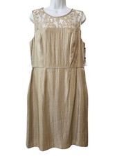 NWT Adrianna Papell Champagne Shimmery Lace Sheath Dress Sz 14 Wedding Cocktail