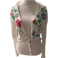 Chime White Embroidered Floral Kimono Cardigan L Belted Fringe Boho Festival