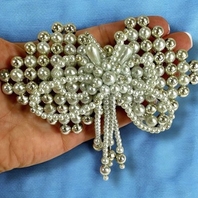 Vtg 80s Hair Clip Beads Faux Pearl Dangle White Silver Bow Barrette Wedding