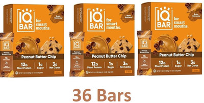 3x IQBAR Plant Protein Bar, Peanut Butter Chip, 36 Bars total, 1.6 oz (45g) Each
