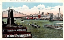 New York City Skyline Brooklyn Bridge Waterfront SS LeHigh Valley Postcard 29585