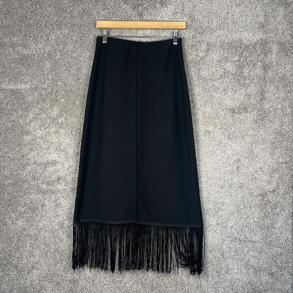 Falda midi ZARA para mujer pequeña negra flecos cintura elástica tirar boho chic Foto 3 de 4
