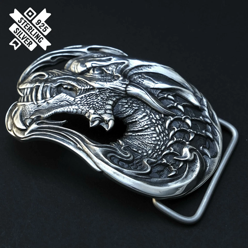 Hebilla de cinturón Cabeza de Jormungandos, Serpiente sólida Plata de Ley 925 Hebilla de cinturón Foto 4 de 4
