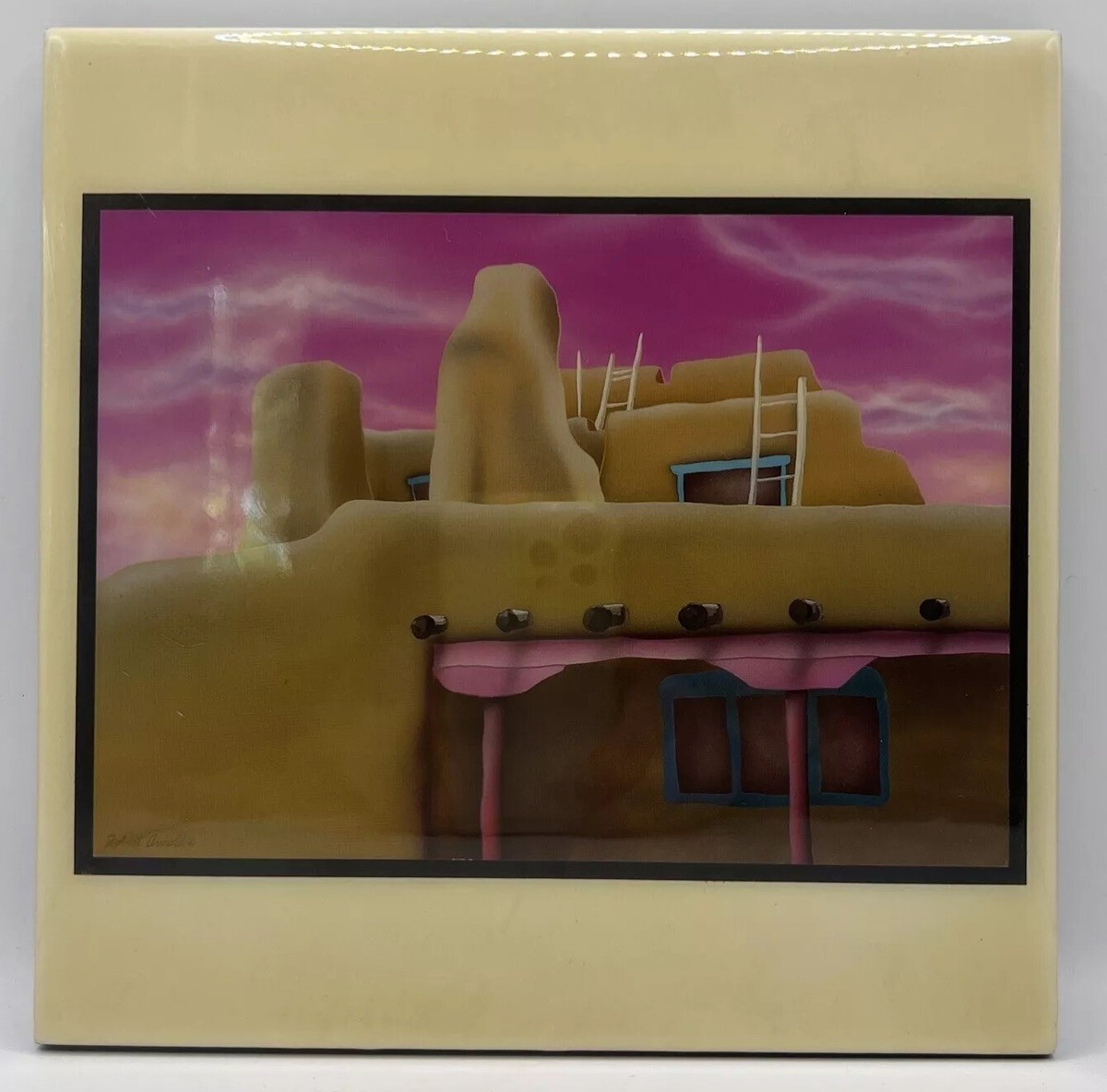 Artist Robert Arnold 8”x8” Adobe Home Southwest Art Tile Pink Sky