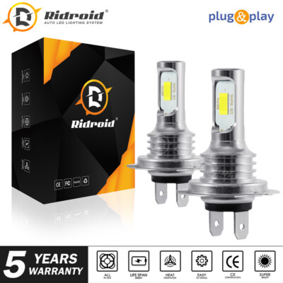 2X RIDROID LED High/Low Beam Conversion Kit H7 Bulb Super Bright 6000K Plug&Play