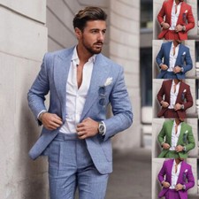 Blue Linen Men's Suit Peak Lapel 2 Piece Single-Breasted Blazer Pants Tailored