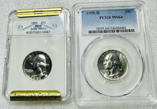 1955-D PCGS MS 64 And 1955 Proof BU Washington Silver Quarter
