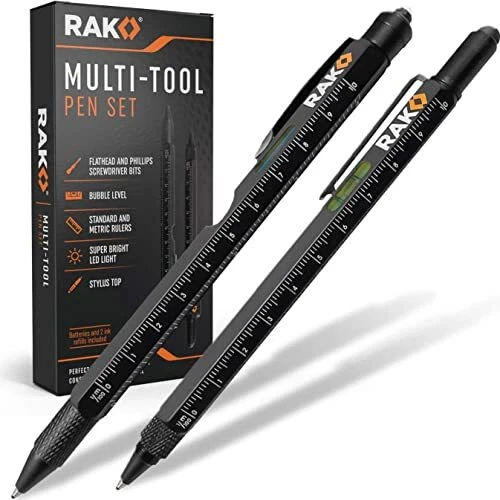 Multi-Tool 2Pc Pen Set - LED Light, Touchscreen Stylus, Ruler, Level, Bottle