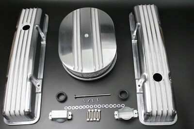 Gearhead Polished Aluminum Tall Finned Valve Covers & 12" Air Cleaner Kit For SBC 350