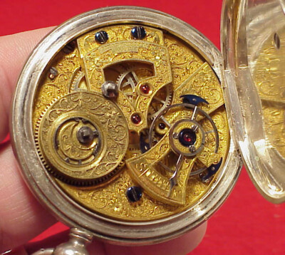 VINTAGE 55MM T JACOT BAT WING RUBY CRAB CLAW CHINESE DUPLEX SILVER POCKET WATCH