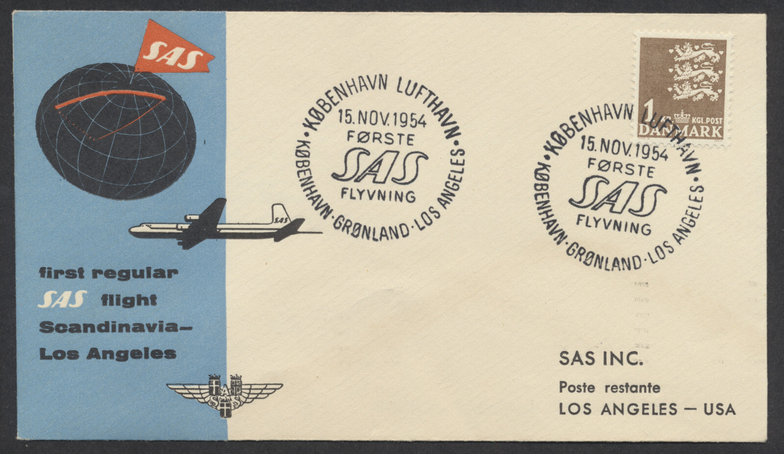 1954 Set of 4 SAS Flight Covers to Los Angeles +Inserts +Letter