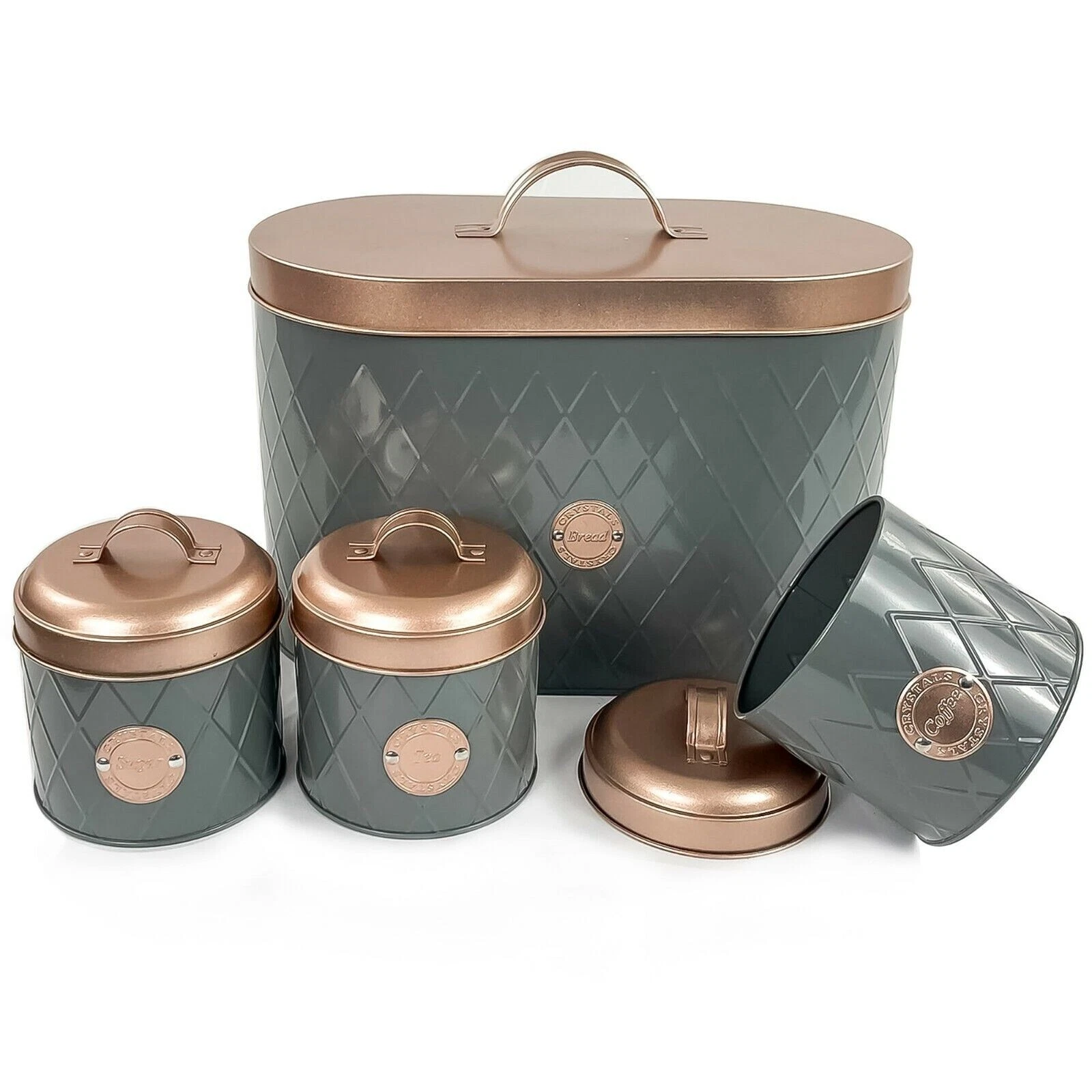 4pc Bread Bin & Canister Set Tea Coffee Sugar Jar Container Grey with Copper Lid
Opens in a new wind