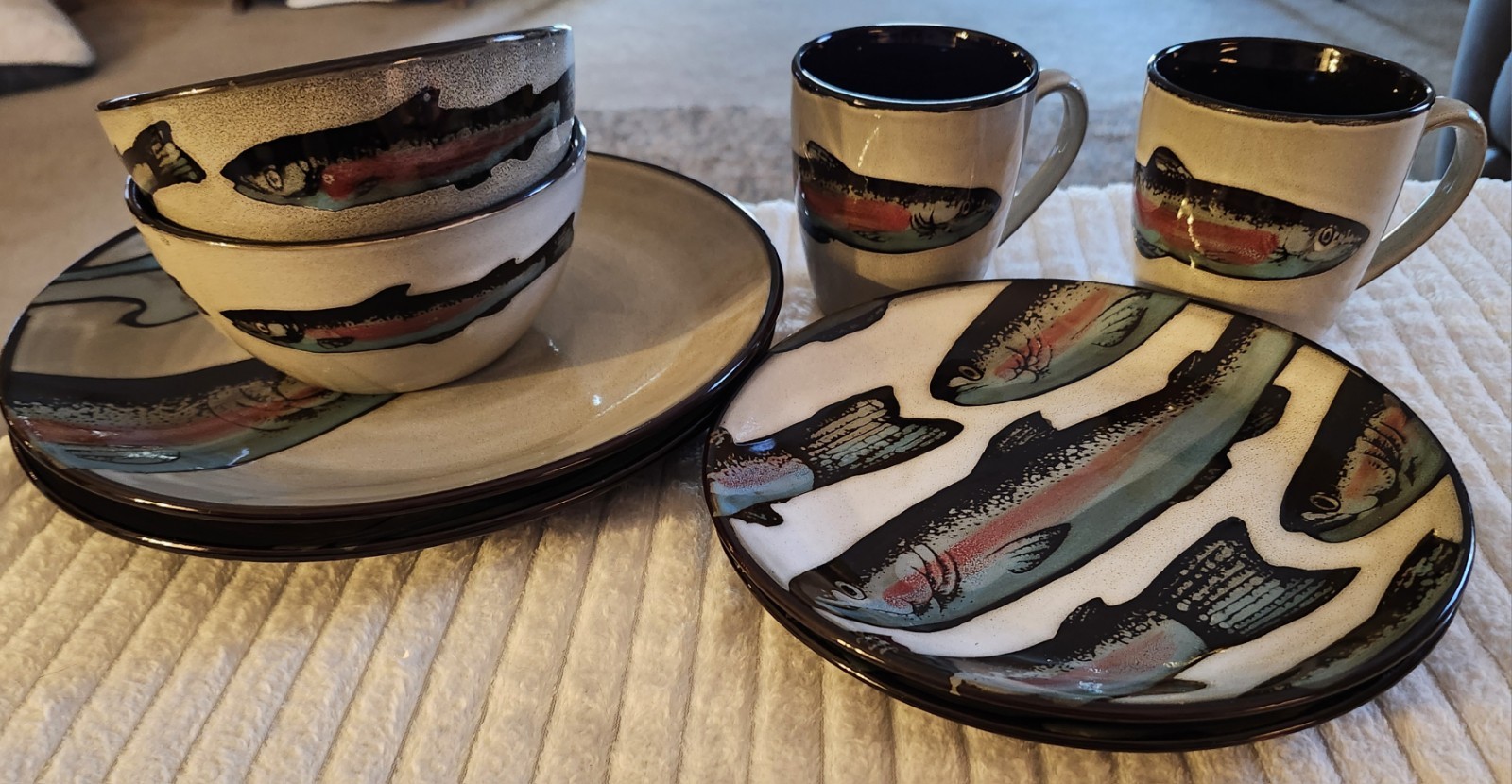 Better Homes and Gardens "Trout Lodge" pattern ceramic dinnerware, 8 pc set