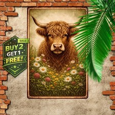 Distressed Vintage Highland Cow Wildflower Meadow Metal Wall Art 8x12