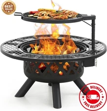 32" Outdoor Wood Burning Fire Pit with Poker & Grill for Patio Backyard