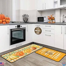 Hello Pumpkin Fall Kitchen Rugs Set of 2 - Autumn Harvest, 17"x47"  17"x30