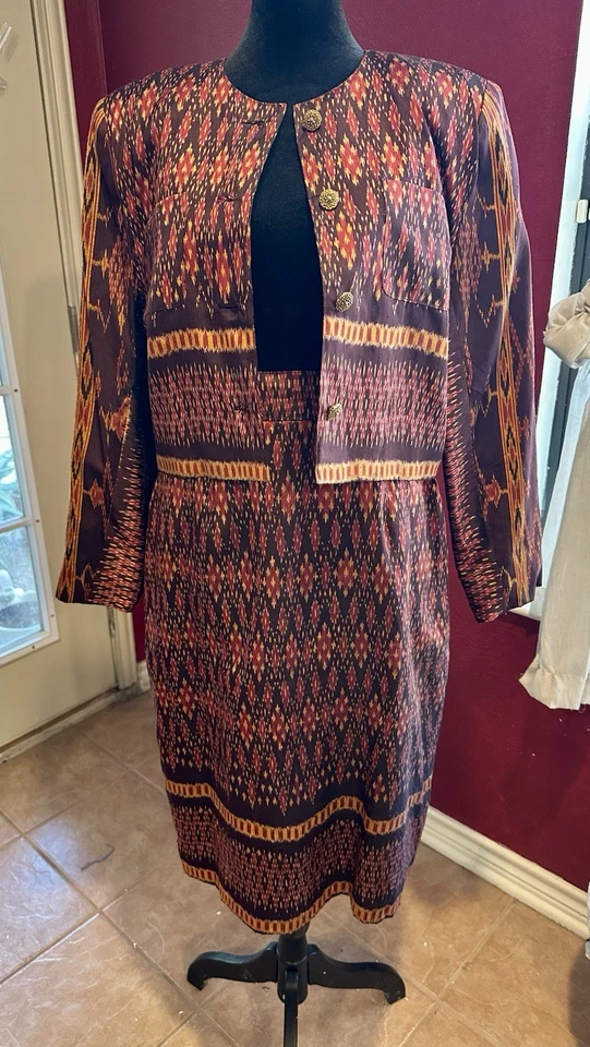 Vintage Alexandra Thai Silk Skirt Suit Set Jacket & Pencil Skirt Ikat Print Sz S - Image 2 of 4