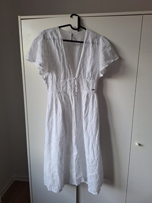 Weißes Sommerkleid Lochstickerei Gr. S | V-Ausschnitt | Pepe Jeans