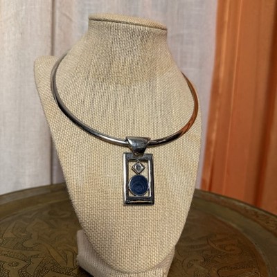 Silver Tone Necklace Rectangle Charm Pendant with Blue Round Stone, Art Theme