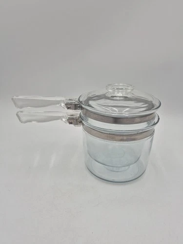 Vtg PYREX Clear Glass Flameware Double Boiler w/Lid 1.5 Qt Original #6283