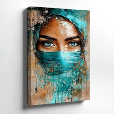 Wall Art Abstract Portrait Woman Eyes Canvas Print Turquoise Veil Modern Decor