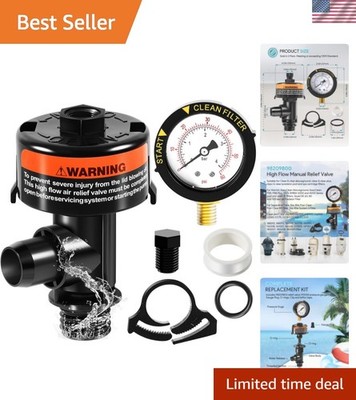 Durable High Flow Relief Valve Assembly with Integrated Pressure Gauge for Pools