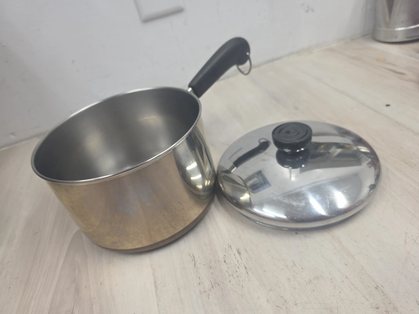 Vintage Revere Ware 3 qt Sauce Pan, Copper Bottom, Stainless Steel, With Lid, 85