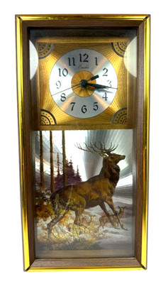 Vintage Emdur Deer Scene Wall Clock   Wood Frame Hunting Lodge Decor