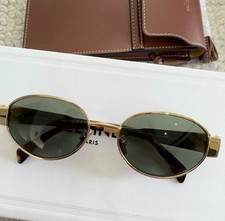 Celine Sunglasses CL40235U 30N Triomphe Metal Oval Sunglasses Gold Green Lens