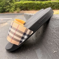 Burberry Men's Slide Sandals Black Beige Red White Check Pattern
