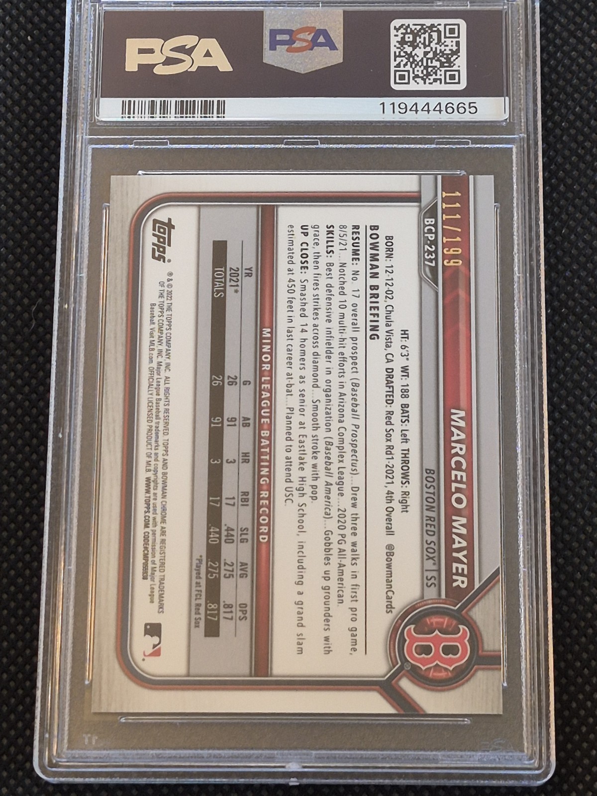 2022 Bowman Chrome Marcelo Mayer #237 Pink Refractor PSA 9 MINT ROOKIE /199 view 2
