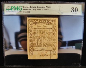 Rhode Island Colonial Note Fr#RI-291 May, 1786 9 Pence S/N 5902 PMG 30 Very Fine