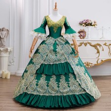 V Neck Green Rococo Ball Gown Gold Embroidered Long Sleeve Victorian Dress