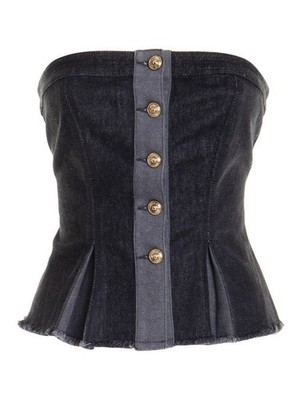 Authentisch Versace Jeans Couture schwarz Stretch Korsett Denim Top XS It 38 Uk 6 US 2