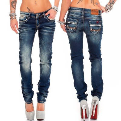 Cipo & Baxx Women's Jeans Two-Tone Stitching Stretch Stonewashed Embellished