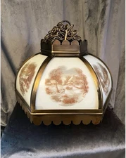 Vintage Currier & Ives Chandelier Pendant Light: Six Panel Winter Scenery