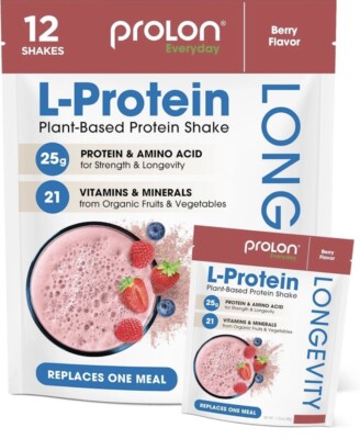 Prolon L-Protein Shake.  Plant based Protein Dairy Free 25 Gr Per Serving Berry