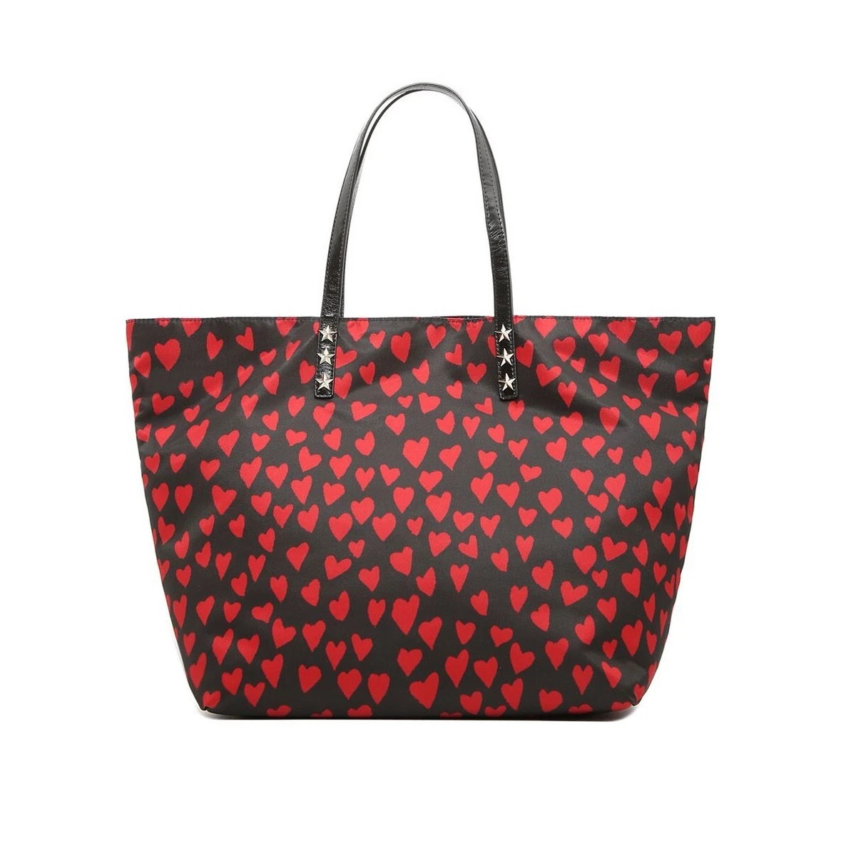 RED VALENTINO Red Heart Print Studded Black Leather Strap Tote Bag Scarf  Set