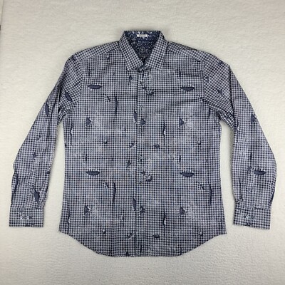 Bugatchi Uomo Shirt Mens XL Blue Geometric Shaped Fit Preppy Dress Button Up