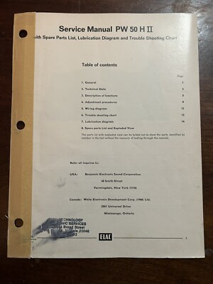 ELAC PW50HII Turntable Record Player Service Manual Parts List Original OEM Rare