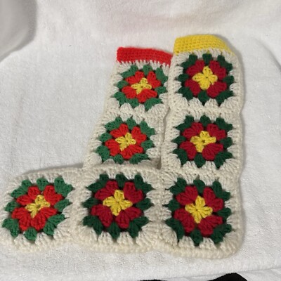 2 Vtg Red Yellow Christmas Stocking Crochet Granny Square Open Stitch Handmade