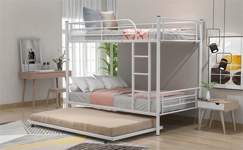 Twin-Over-Twin Metal Bunk Bed w/Trundle for Kids Teens Adult Bedroom-White - Picture 17 of 18