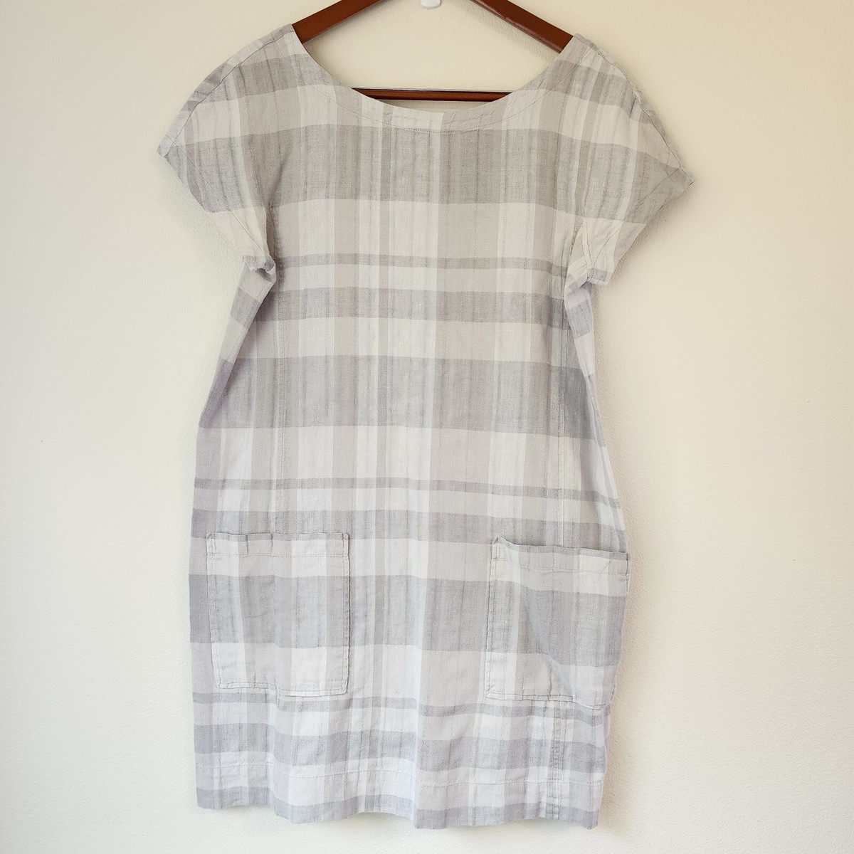 Eileen Fisher Organic Cotton-Linen Blend Boat-Neck Striped Shift Dress,  M,Casual