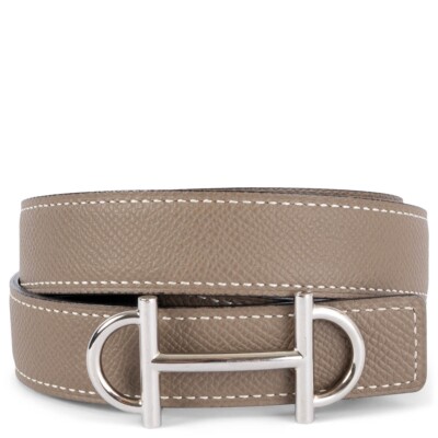 67997 auth HERMES Etoupe Epsom Black Swift GAMMA 25mm Reversible Belt 85