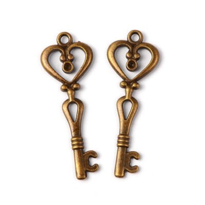 2 Heart Key Charms Antiqued Bronze Skeleton Steampunk Pendants Jewelry Making 