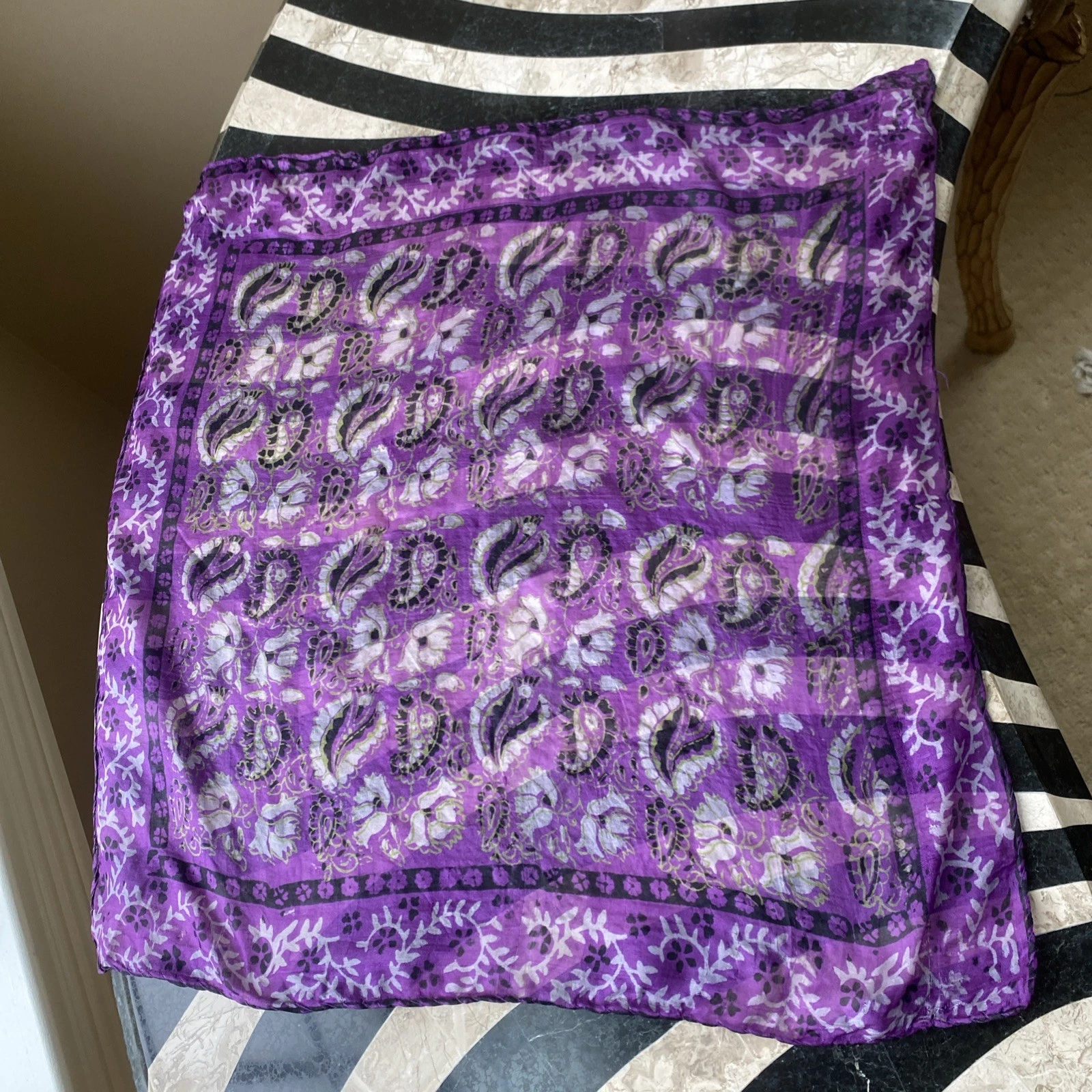 Vintage Sheer Silk Scarf Purple Paisley Hippie Boho 19” Petit Carre Y2K Rolled