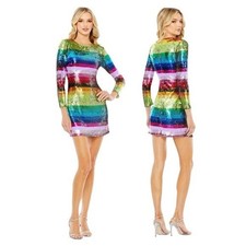 🌻NEW w/tags Mac Duggal Rainbow Multicolor Stripe Sequin Mini Dress Size 4