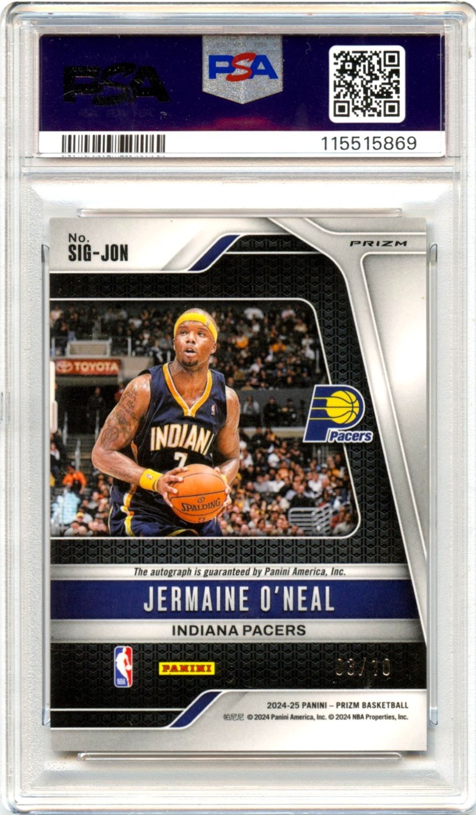 JERMAINE O'NEAL 2024-25 PANINI PRIZM GOLD SIGNATURES AUTO SP 3/10 PSA 10 GEM view 2